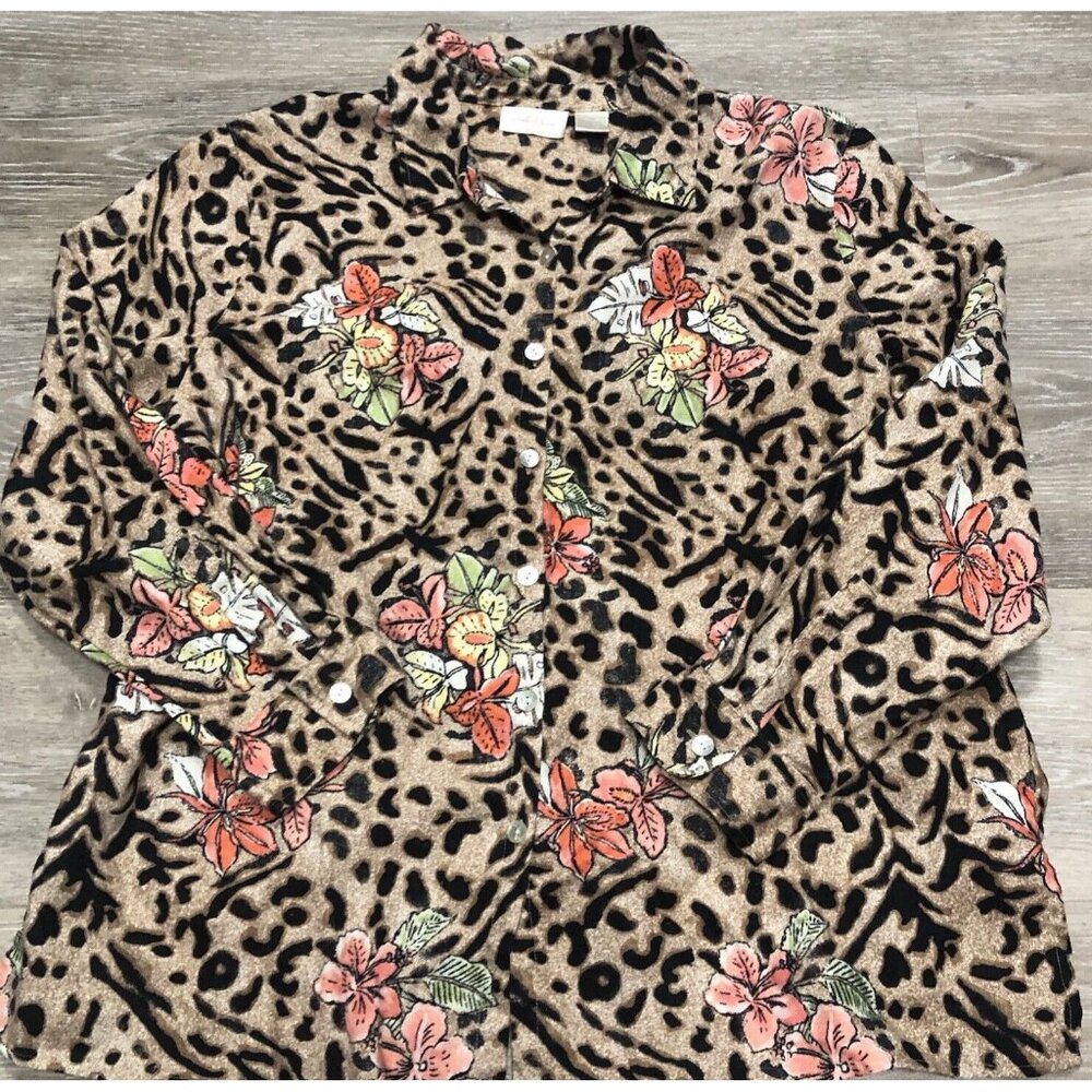 Vintage Studio Works Womens Size 2X Linen Cheetah‎ Floral Button Up Shirt Blouse